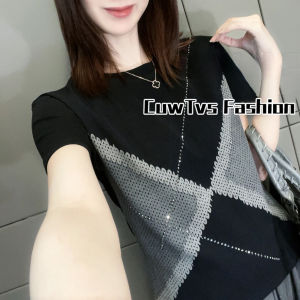 Summer 2025 Womens Slim Fit Cotton T-Shirt Short Sleeve Heavy Embellished Design Casual Style Printed Classic Pattern