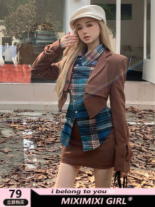 MIXI High School Transfer Student Spicy Girl Three-Piece Set Short Suit Jacket And High Waist Mini Skirt Womens Fashion Ensemble