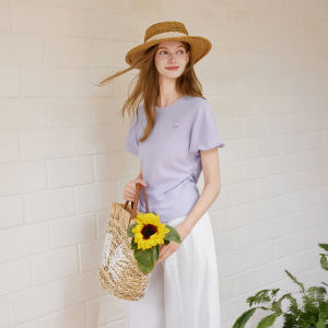 XIANGYING | Summer New Style Purple Round-neck Bubble-sleeve Embossed-flower Waist-accentuated Cotton Blouse