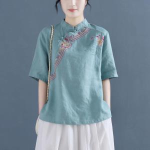 Lieoyuarn | Chinese Style Retro Embroidered Linen Blouse Mandarin Collar