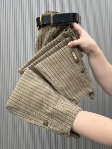 กางเกงขายาวทรงหลวมเอวสูงผ้าฝ้ายซักได้สำหรับผู้หญิงในช่วงต้นฤดูใบไม้ร่วง กางเกงขายาวทรงมาร์ตินทรงหลวม กางเกงขายาวทรงเข้ารูป กางเกงขายาวลายทาง 9 จุด