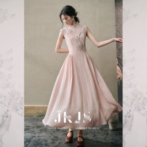 JK&JS | New Chinese Style Long Dress Womens Summer High Waist Silk Linen Gown Unique Design Embroidered A-Line Qipao Skirt