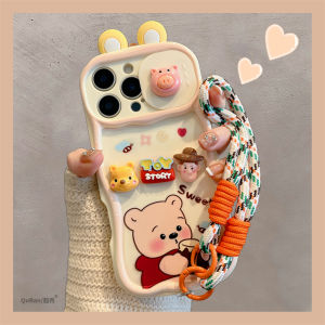 Cute Cartoon Bear Pull-Out Lens Phone Case for 13/14 15Promax 16 New Model Female Version Handheld Lanyard Silicone Protective Shell