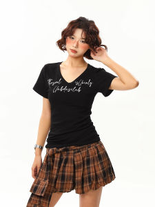 Áo Thun Nữ Tay Ngắn Cổ Chữ V in Chữ Phong Cách Mỹ Mùa Hè Thường Ngày Rộng Rãi Thoải Mái Thoáng Khí