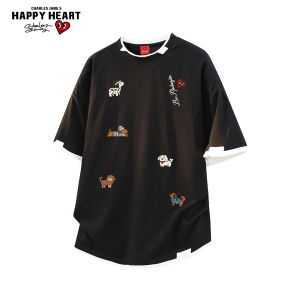CHARLES JANGS HAPPY HEART | Color Block Cotton Puppy Print Tee