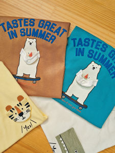 Candy Colored Animal Print Polar Bear Watermelon Cotton T-Shirt Short Sleeve Loose Fit Childrens Summer Casual Top