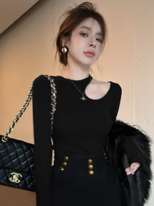 Black Hollow Design Slim Fit Long Sleeve Womens T-shirt Base Layer Shirt Short Style Bone Clavicle Top Korean Style Spring Commute