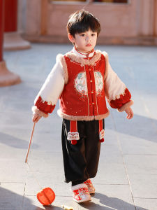 Red Hanfu Childrens Clothing Winter Thickened Cotton Boys Ancient Costume New Year Visit Clothes Childrens Qipao/Tang Suit