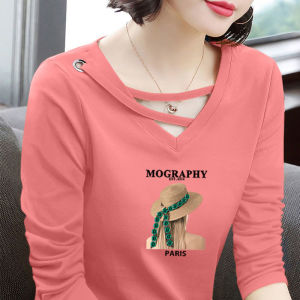 100% Pure Cotton V-neck Long Sleeves T-Shirt Womens Spring and Autumn New Arrival K-style Easiest for Match Loose Slimming Sense of Design Base Tops