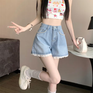 Sweet and Spicy Chic Denim Shorts Female Summer High Waist Slimming and Wide Leg A- line plus Size Easiest for Match Small Man Beading Lace