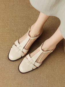 Genuine Leather Roman Style Sandals Womens Medium Heel Summer New Coarse Weave Soft Bottom Pig Cage Shoes Hollow out Breathable