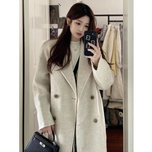 Hebe Style Grey Woolen Coat Womens Loose Long Autumn Winter Outerwear Korean Version Straight Cut Double Breasted Long Sleeve