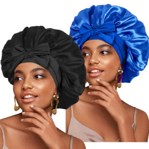 2PCS/LOT New Women  Solid Large Satin Bonnet Silky Night Sleeping Cap with Stretchy Tie Band Shower Cap