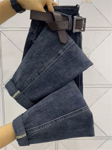 กางเกงยีนส์ทรงฮาราจูกุเอวสูงสำหรับผู้หญิงไซส์ใหญ่ ทรงหลวม ทรงสลิม เอฟเฟกต์กระชับสัดส่วน กางเกงขายาวทรงเก้าส่วน ฤดูใบไม้ผลิและฤดูใบไม้ร่วง