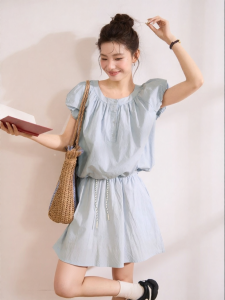 HTMEME | Pastel Blue Fantasy Korean Style Puff Sleeve Shirt and Skirt Set for Women