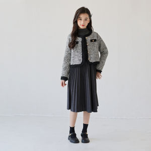 Girls Autumn Winter Plaid Dress Set High Waist Luxury Style Long Sleeve Midi Skirt And Jacket Two Piece Outfit for Kids