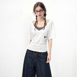 BAIDAIFEI | V-Neck Halter Straight Shoulder Short Sleeve Slim Fit T-Shirt Two-Piece Set