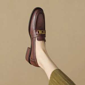 Comfortable Soft Leather Bottom Retro Brown Loafers Womens Metal Buckle Thick Heel Flat British Style Small Leather Shoes