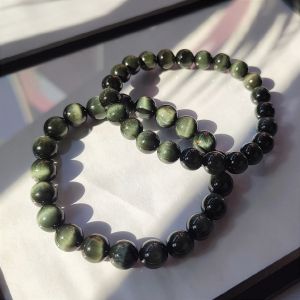 HOJB High Grade Green Actinolite Cat’s Eye Stone 6A Beads Bracelet 8-9mm 聚寶軒优质绿阳起石猫眼(绿鹰眼石)6A圆珠手串8-9mm