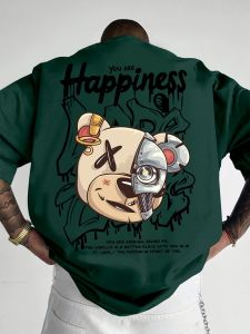 Summer Fashion Mens Personalized Bear and Printed Comfortable Breathable Round Neck T-shirt Outdoor Urban High Street Top
