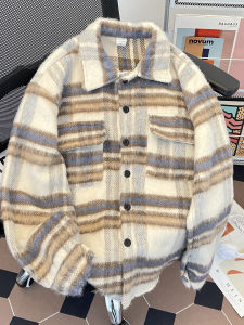 แจ็คเก็ตผ้าขนสัตว์ลายสก็อตหลวมๆ สำหรับผู้ชาย ฤดูใบไม้ร่วง/ฤดูหนาว สไตล์อเมริกัน เทรนด์ใหม่ สำหรับเยาวชน อุปกรณ์กันหนาว