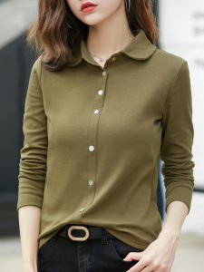 Spring Autumn Pure Cotton Long Sleeve Womens Shirt Loose Large Size Elastic Polo Collar Base Shirt Comfortable Breathable