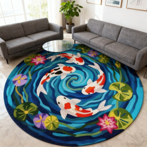 VIKAMA Round Rug Koi Fish Pond Oriental Carp Lotus Leaf Circular Area Rug Floor Mat for Living Room Living Room Decor
