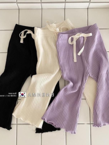 Summer Casual Cotton Elastic Waist Kids Pants Flared Legs Parent-Child Matching Wood Grain Edge Design New Arrival 2025