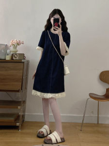 Sweet And Salty Flower Bud Edge Denim Skirt Dress Womens Mid-Length Straight Korean Style High Waist A-Line Summer Dress