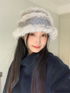 Handmade Rabbit Fur Knitted Hat Womens New Style Autumn Winter Ski Sweet Woolen Lion Wake up Cap Floral Wide Brim Flat Top