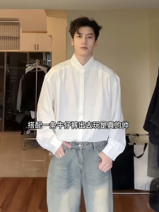 New Chinese Style Mens Long Sleeve Casual Shirt Spring Autumn Design Stand Collar French Cuff Breathable Polyester Fiber