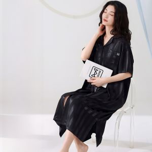 MiiOW | Cat Woman Summer Sleep Dress New 2025 Cool Feeling Ice Silk Robe Medium Length Short Sleeve Plus Size Sleepwear Ladies Home Clothes