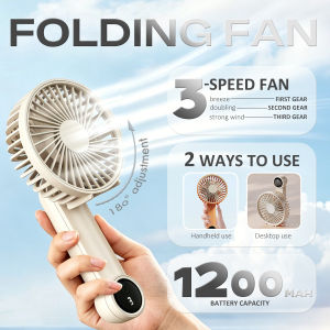 Handheld Desktop Fan 2-in-1 3 Speeds 1200mAh Battery LED Screen Quiet Strong 180° Tilt Portable for Travel Camping Hiking