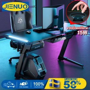JIENUO โต๊ะคอมพิเตอร์ 15W ชาร์จเร็ว ไร้สาย โต๊ะเกมมิ่ง วัตถุประสงค์ ที่วางแก้วน้ำ + ที่ใส่หูฟัง โต๊ะคอมพิวเตอร์ RGB มีรูปทรงขา Z โต๊ะเกม มีไฟ RGB มีไฟ LEDสวย ไม่แสบตา หน้าโต๊ะ