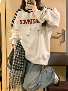 หลวม Fit ผู้หญิง เสื้อสเว็ตเชิ้ต ฤดูใบไม้ผลิ ฤดูใบไม้ร่วง คอกลมบางพิมพ์ลายสบายอเมริกัน สไตล์เรโทร แขนยาว สตรีทแวร์