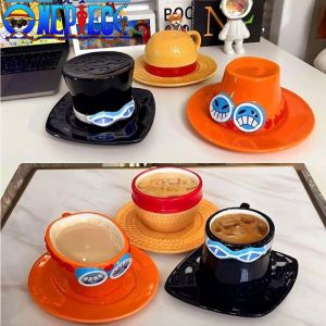 Bandai | In Stock ONE Piece Cosplay Mug Water Cup Creative Luffy Ace Sabo Ceramic Cup Three Brothers Hat Shaped Coffee Cups Parties Gift
