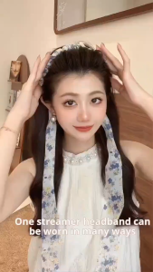 ที่คาดผมลายดอกไม้คลื่นหรูหราสำหรับผู้หญิง แถบคาดผมแบบสตรีมเมอร์ผูกผมในตัว ที่คาดผมกันลื่น ห่วงรัดผมลายจุดสำหรับการท่องเที่ยว