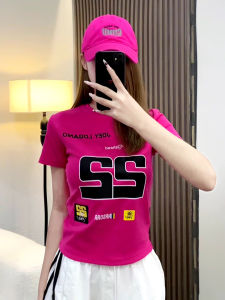 Korean Style Pink Letter Print Short Sleeve T-Shirt Womens Fashion Slim Fit Summer New Design Top Cotton Polyester Blend