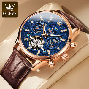 OLEVS watch for mens original mechanical 2024 new luxury fashion rose gold mechanical mens watch waterproof dual calendar luminous hollow multi function dial business leather Men Casual Watches