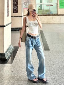 กางเกงยีนส์ทรงหลวมเอวต่ำขากระบอกยาวสำหรับผู้หญิง สไตล์อเมริกัน เทรนด์ฤดูใบไม้ผลิและฤดูร้อน กางเกงขายาวทรงหลวมสไตล์ย้อนยุค