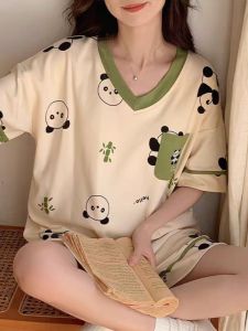 Sweet Cartoon Panda Sleepwear with Chest Pad Short Sleeve Thin V-Neck Summer Casual Home Clothes for Girls Low Waist Briefs