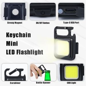 Mini LED Keychain Light Mutifuction Portable USB Rechargeable Pocket Work Light with Corkscrew Outdoor Camping