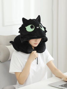 Cartoon Black Cat Hooded U-Shape Pillow Portable Travel Neck Pillow Student Nap Pillow Hooded Pillow Birthday Gift