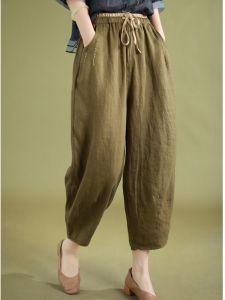 High Waist Slimming Casual Pants Womens Linen Cotton Blend Loose Nine-Foot Harlan Pants Summer 2025 Commute Style