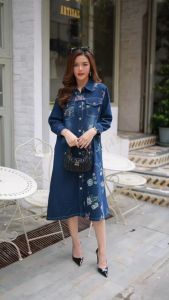 Cutie Minute อก ฟรีไซส์ 44" (Denim dress mixed with quality fabric pattern) Maxiเดรสผ้ายีนส์เกรดพรีเมี่ยม เนื้อผ้ามีความนุ่ม ใส่สบาย ชุดยีนส์งานฟอกสวยๆ เนื้อผ้ายืดหยุ่น