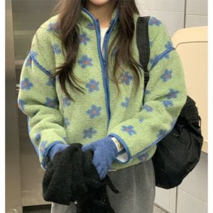 Retro Adorable Blue Flower Lamb Fur Warmth Outerwear Cute Plush Coat Womens Cotton Jacket Winter Collection 2025