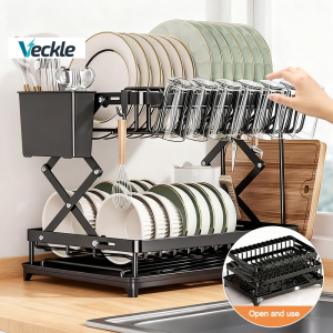 Veckle 42cm Foldable Dish Drainer Rack with Drainage Pipe Carbon Steel Dish Drying Rack Free-installation Kitchen Dish Plates Storage Holder