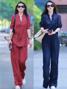 New Chinese Style Cotton and Linen Casual Shirt Outfit Female Loose Slim Fit V Neck Pullover Tops + Loose Pants Two-piece Set
