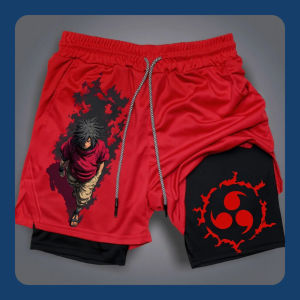 Bandai | Naruto Anime Sasuke Peripheral Print Summer Double-layer Shorts Mens and Womens Commuting Sports Daily Sports Shorts
