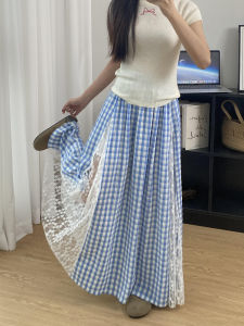 Váy Mini Kẻ Caro Xanh Ngọt Ngào Cạp Cao Váy Chữ a Xếp Ly Ren Viền Cho Nữ Mùa Hè 2025